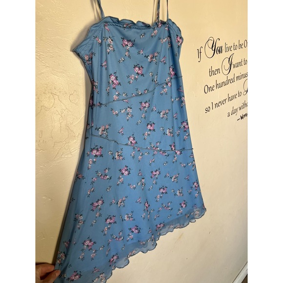 Boho Cottagecore Blue Floral Mesh Mini Dress Asymmetrical Lettuce Hem Y2K Style - Picture 2 of 7